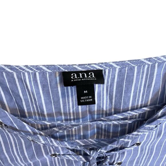 A.N.A. Lace Up Tunic Women's Size M Blue White Striped Hippie Lace Trim Cotton - Picture 2 of 7